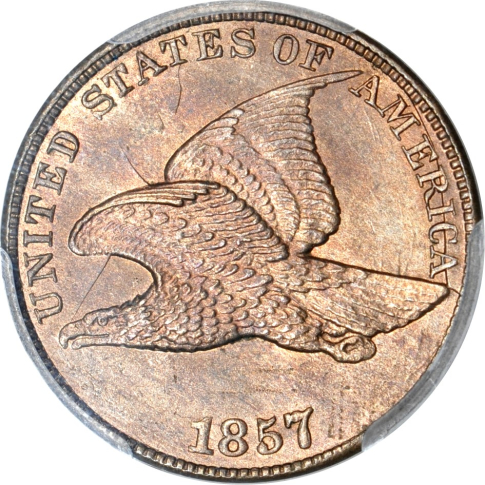 1857 1C 50¢ Clashed obverse. Snow-9 Flying Eagle Cent PCGS MS63 (PHOTO SEAL)