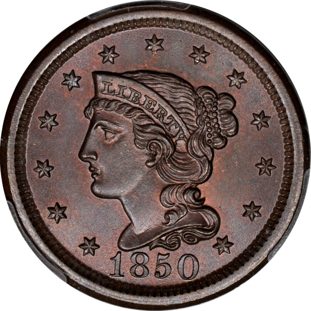 1850 1C Newcomb-26 Braided Hair Cent PCGS MS66+BN (CAC)