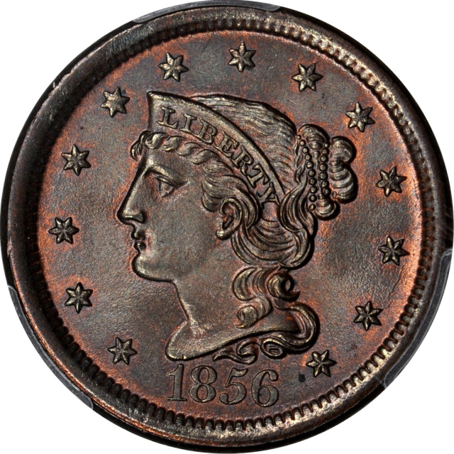 1856 1C N-2 Slanted 5 Braided Hair Cent PCGS MS66BN
