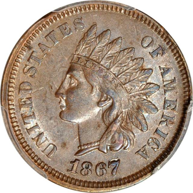 1867/67 1C Indian Cent PCGS AU58+BN (PHOTO SEAL)