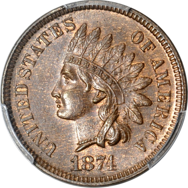 1874 1C Snow-1 Indian Cent PCGS MS63BN (PHOTO SEAL & CAC)