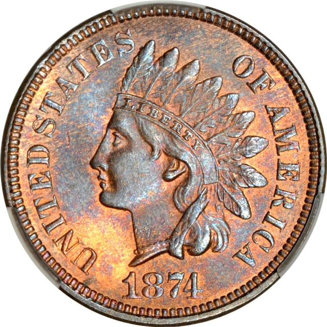1874 1C Snow-1 Indian Cent CACG MS65RB (PHOTO SEAL)