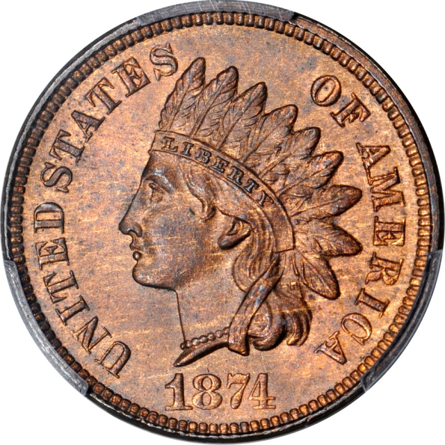 1874 1C Snow-1 Indian Cent PCGS MS65RB (PHOTO SEAL & CAC)