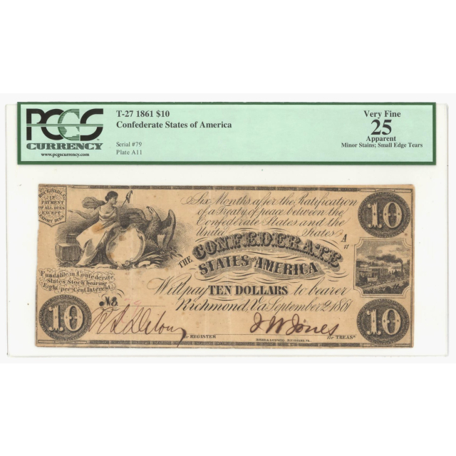T-27 1861 $10 Confederate note. VF25a PCGS Currency